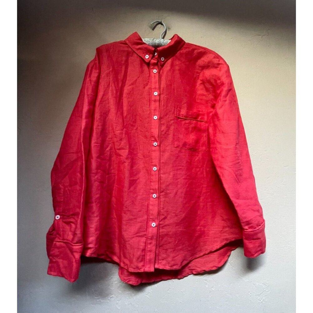Maeve by Anthropologie Women's Linen Cotton Button Down Shirt Small Red Pocket